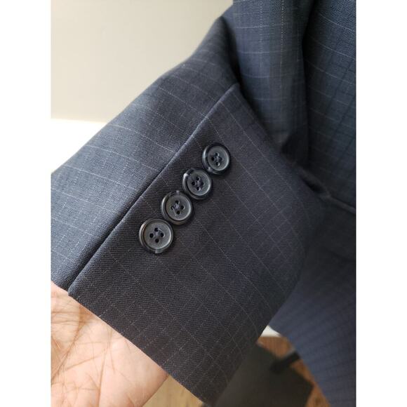 Egara Blazer Jacket Men 54L Navy Wool Check Single Breasted Notch Lapel Slim Fit - Picture 13 of 14